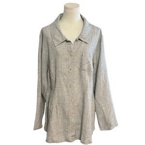 FLAX Linen Oversized Button Down Shirt Top Neutral Stripe size M‎ Boho Casual